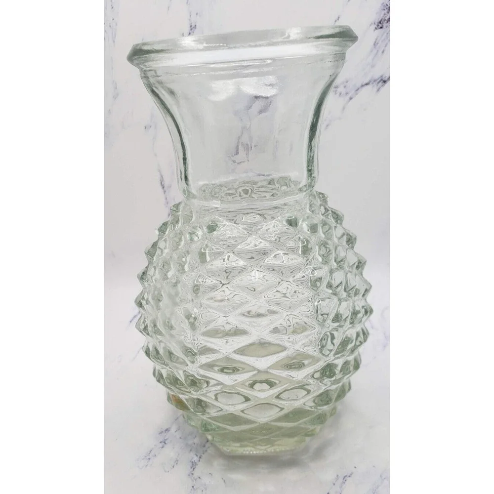 FTD Clear Pineapple Shaped Diamond Point Pressed Glass Vintage Vase
